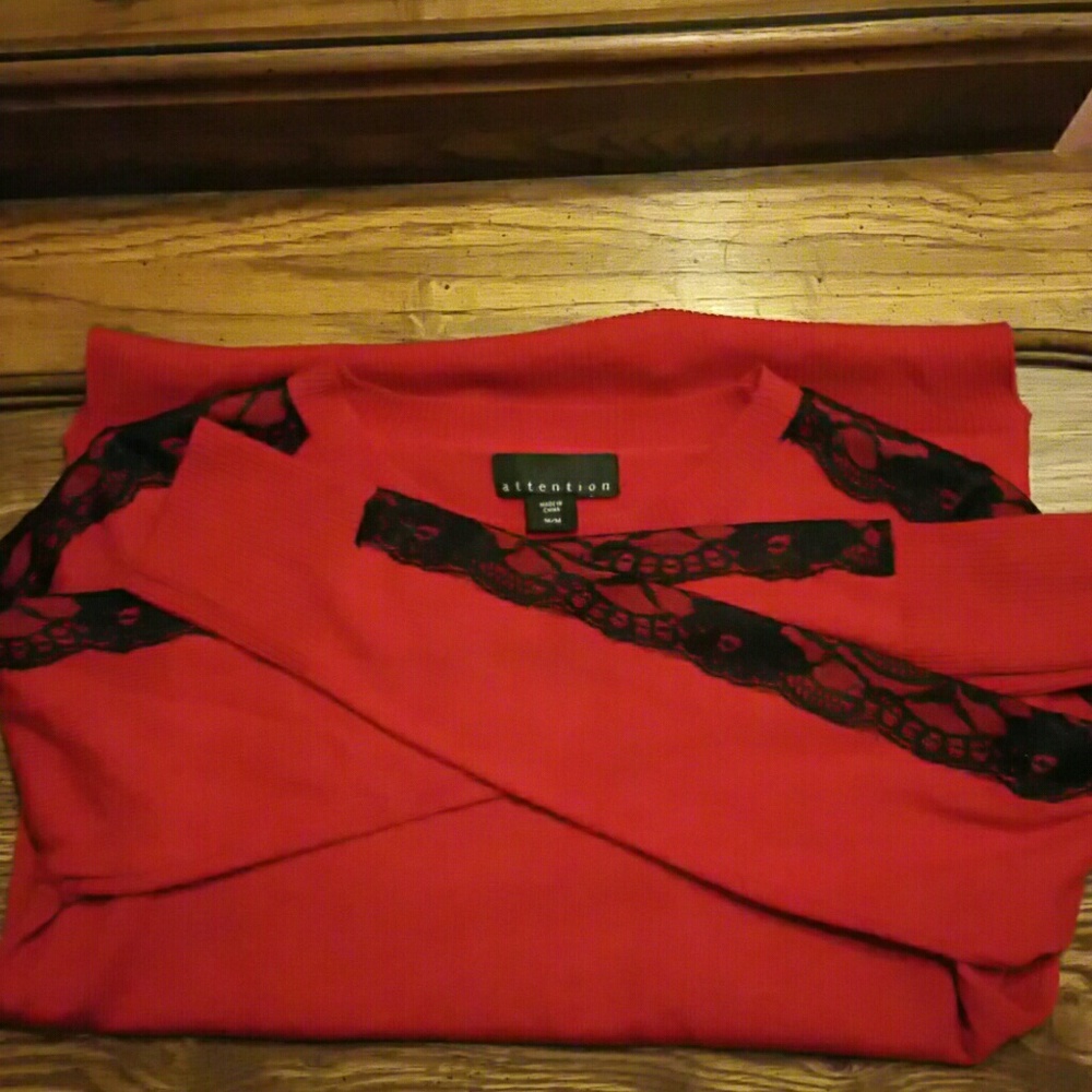 Red sweater with black lace sleeves